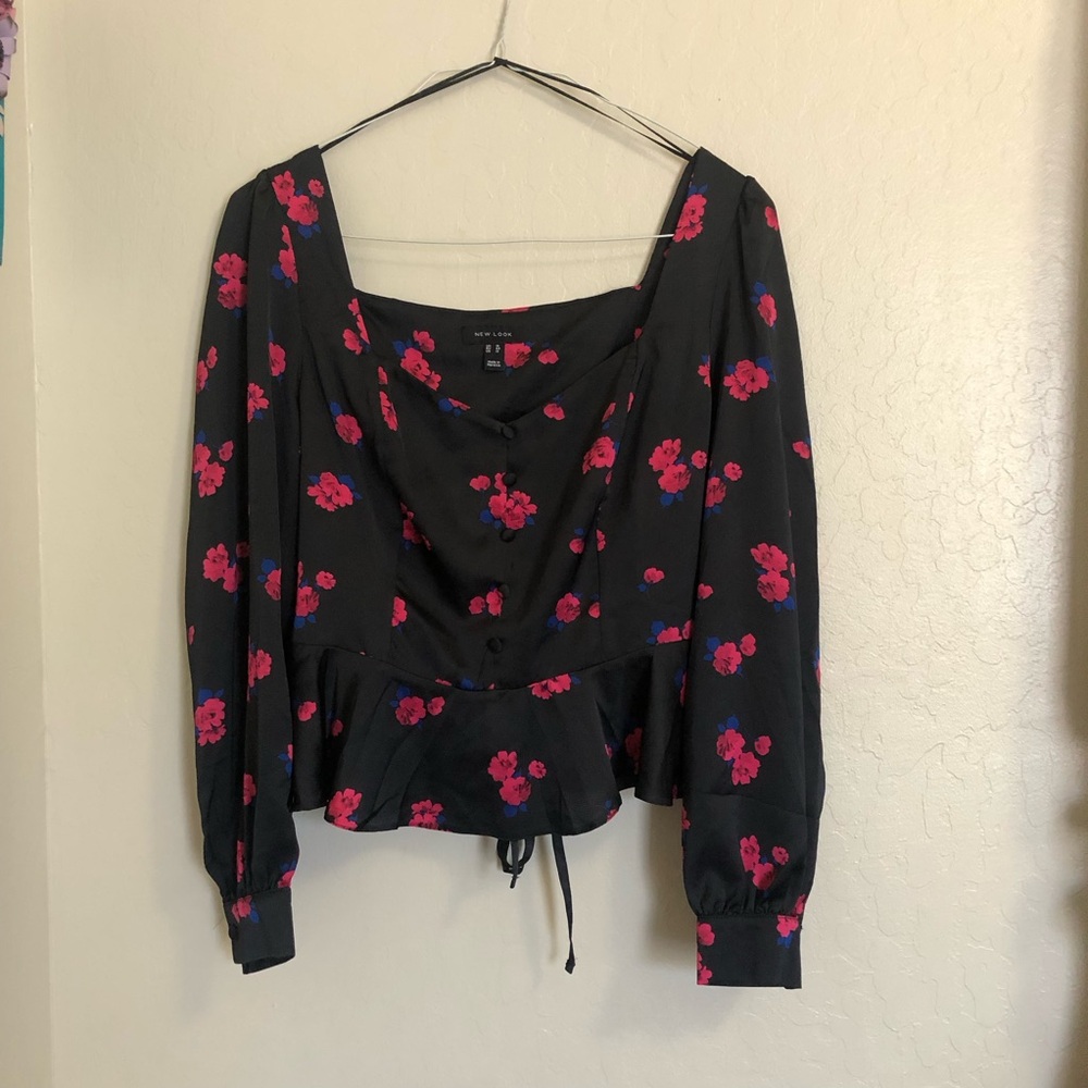 New Look Women’s Black Floral Cinched Waist Peplum Long Sleeve Blouse Size 12